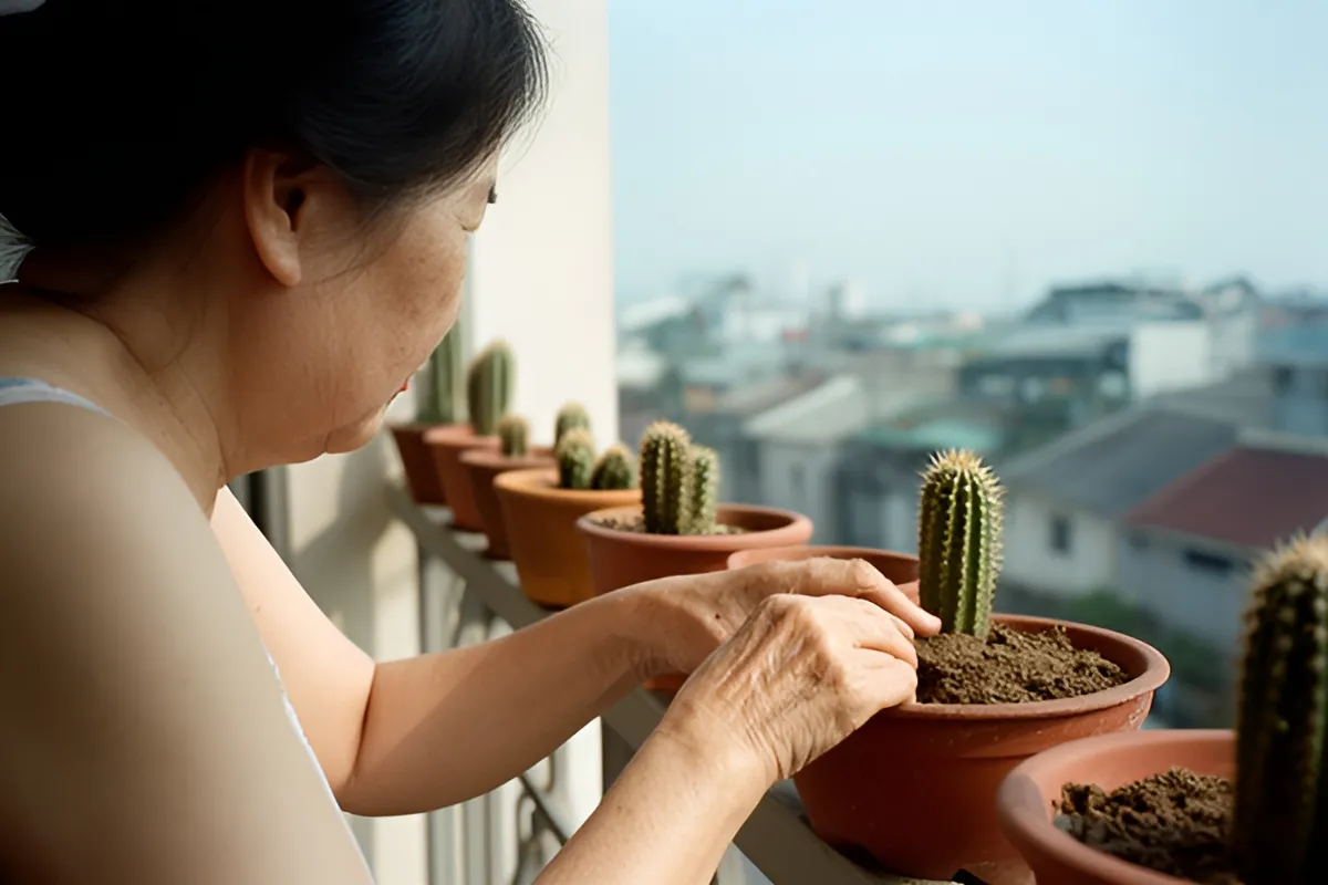 Một người phụ nữ nghiêng người trên ban công, tay chạm đất trong chậu xương rồng, nhiều chậu xếp dọc lan can