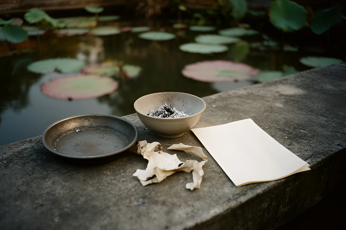 Bát gốm đựng tro, đĩa kim loại và tờ giấy trắng đặt trên bờ đá cạnh ao với lá sen, ánh sáng chiều dịu