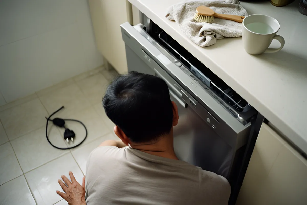 Một người đàn ông quỳ lưng lại phía trước cửa máy rửa chén mở, tay chống xuống sàn gạch, ổ điện và phích cắm nằm trên sàn