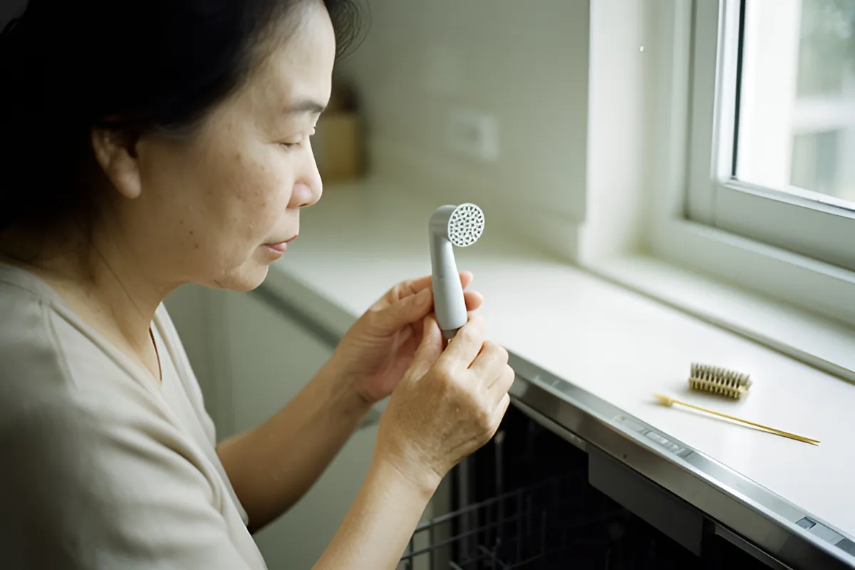 Một phụ nữ lớn tuổi đứng cạnh máy rửa chén mở, cầm một đầu phun nhựa trước ánh sáng cửa sổ để soi