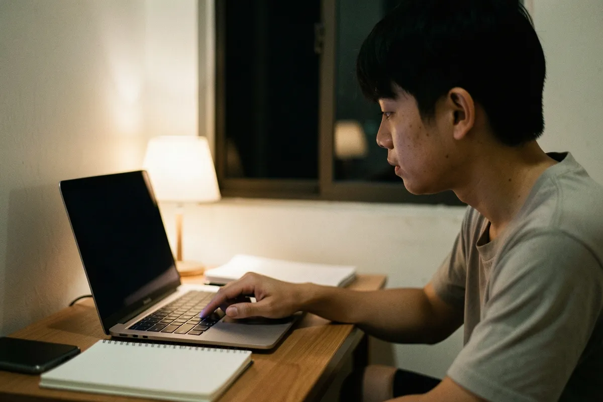Một nam sinh trẻ ngồi bên bàn gỗ trong phòng tối, tay đặt trên laptop màn hình tắt, cạnh đó có điện thoại và sổ trắng