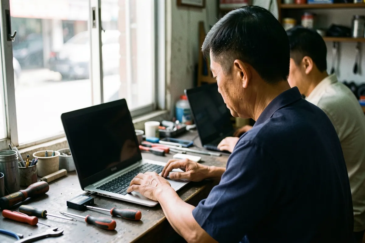 Hai người đàn ông ngồi làm việc tại bàn gỗ có laptop, tua vít và ổ cứng ngoài, ánh sáng tự nhiên từ cửa sổ bên trái