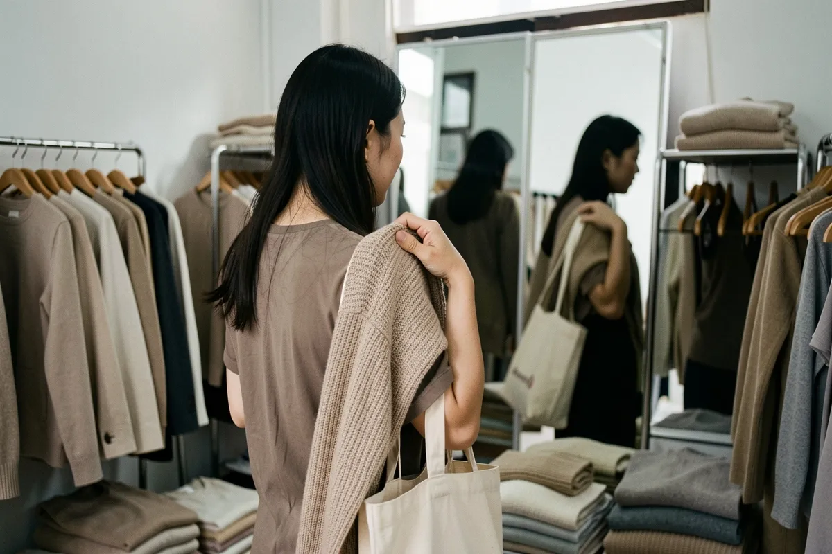Một phụ nữ tóc đen quay lưng trong cửa hàng, tay cầm áo len be và túi vải, quanh là giá treo và áo gấp, ánh sáng dịu