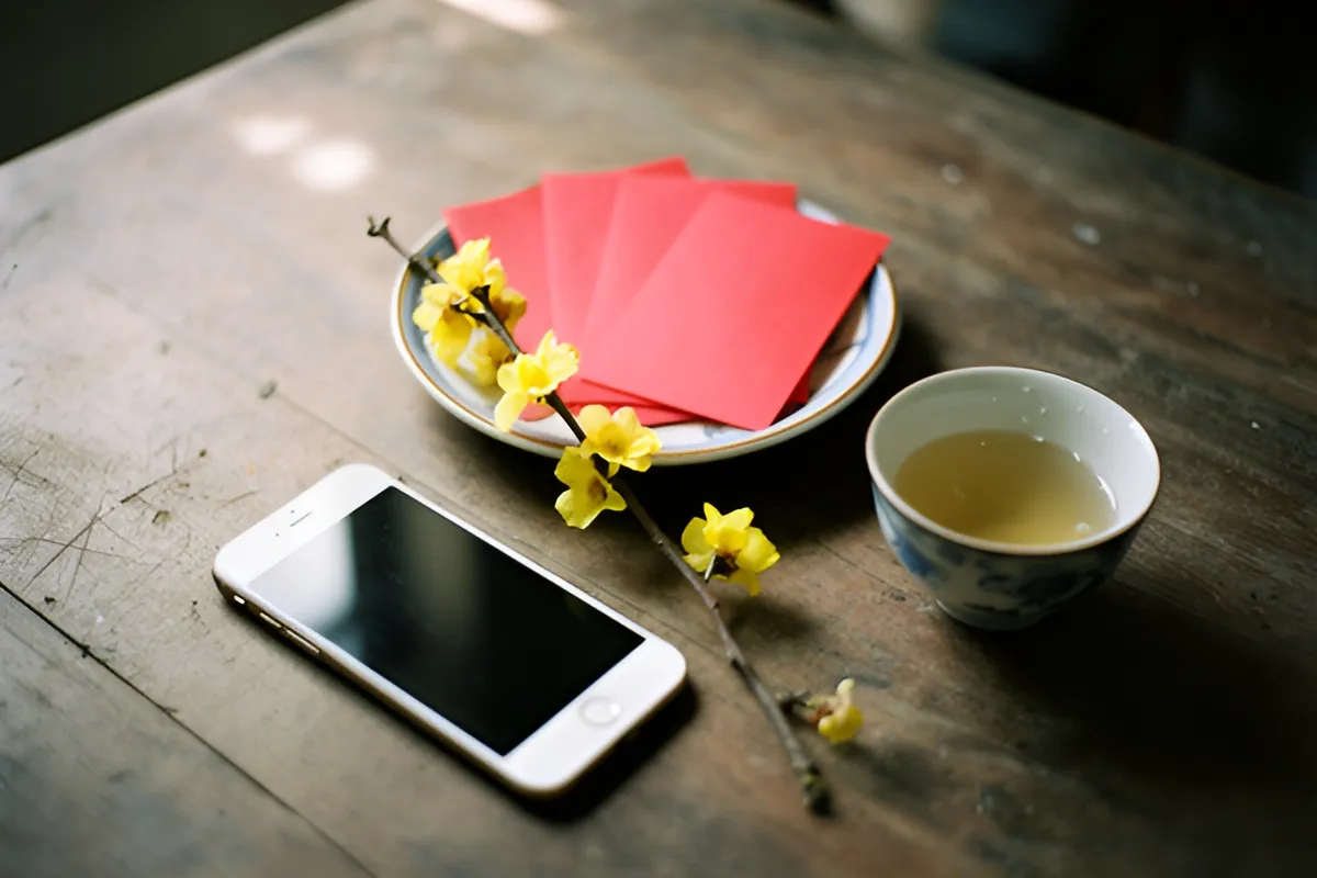 Trên bàn gỗ cũ có chiếc điện thoại trắng, đĩa hồng với các phong bao đỏ, nhánh hoa mai vàng và chén trà
