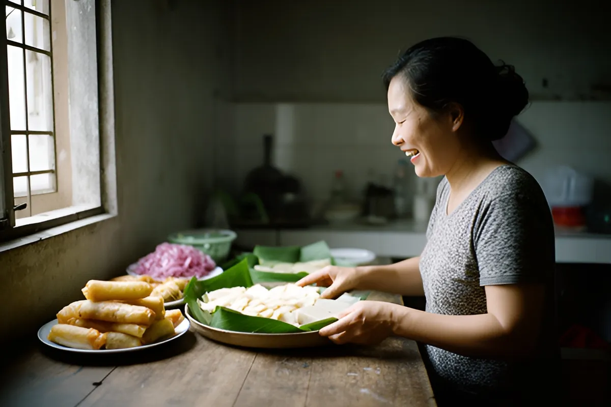 Một phụ nữ cười tươi đứng bên bàn gỗ, bày món ăn lên khay tròn lót lá chuối, cạnh đĩa nem và hành tím, bếp sáng cửa sổ