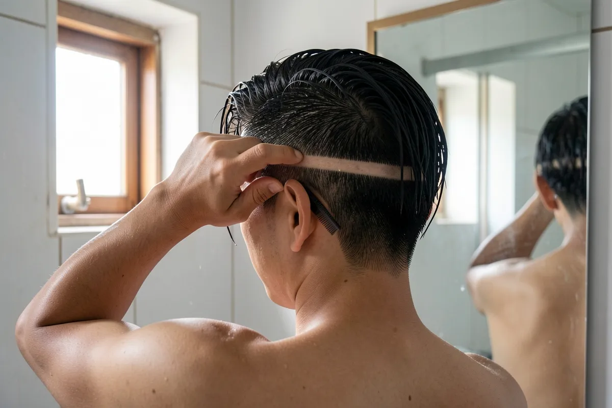 Một người đàn ông trần lưng đứng quay lưng trong phòng tắm, tay đưa lên đầu, lược cài sau tai, gương bên phải và cửa sổ sáng