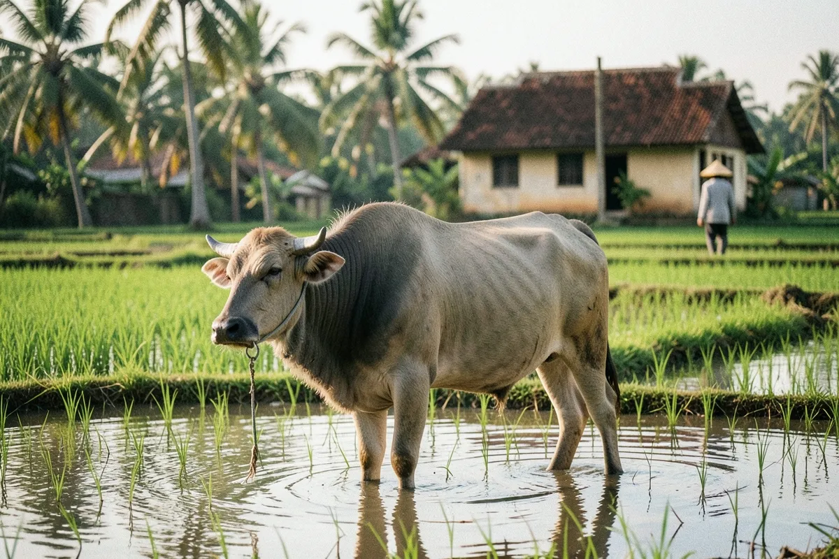 Một con trâu đứng ngập chân trong ruộng ngập nước, dây xích buông lỏng dưới cổ, phía sau là nhà mái ngói