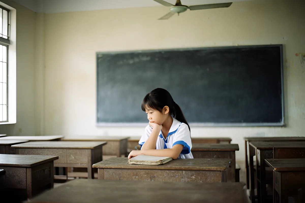Một nữ sinh đồng phục trắng xanh ngồi một mình giữa lớp học, tay chống cằm nhìn xuống vở trên bàn gỗ