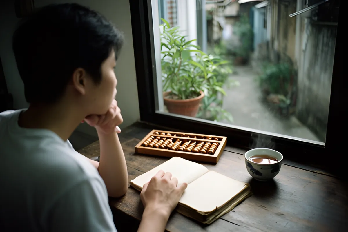 Một học sinh ngồi tựa cằm nhìn ra cửa sổ, bàn gỗ có bàn tính, cuốn sách mở và chén trà nghiêng khói
