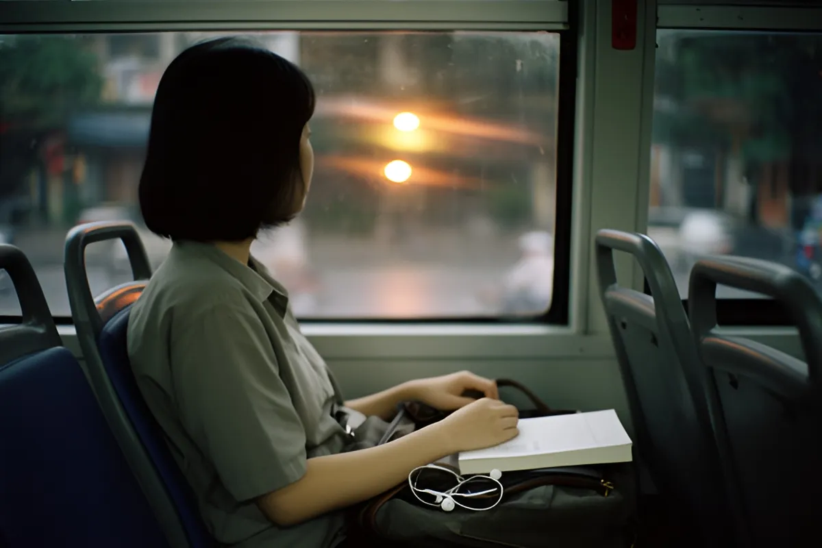 Một phụ nữ tóc ngắn ngồi trên ghế xe buýt nhìn ra cửa sổ, trên túi có cuốn sách trắng và tai nghe