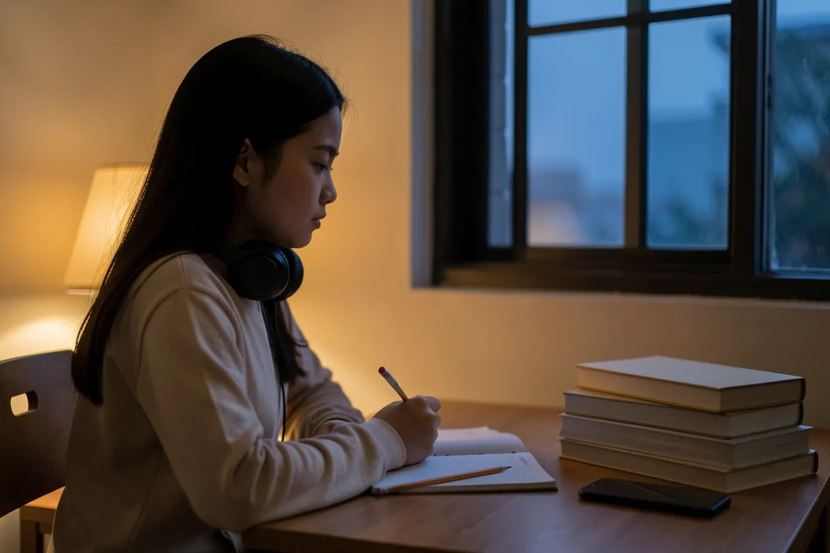 Một cô gái tóc dài ngồi bên bàn gỗ, đeo tai nghe quanh cổ, đang cầm bút chì viết vào vở mở