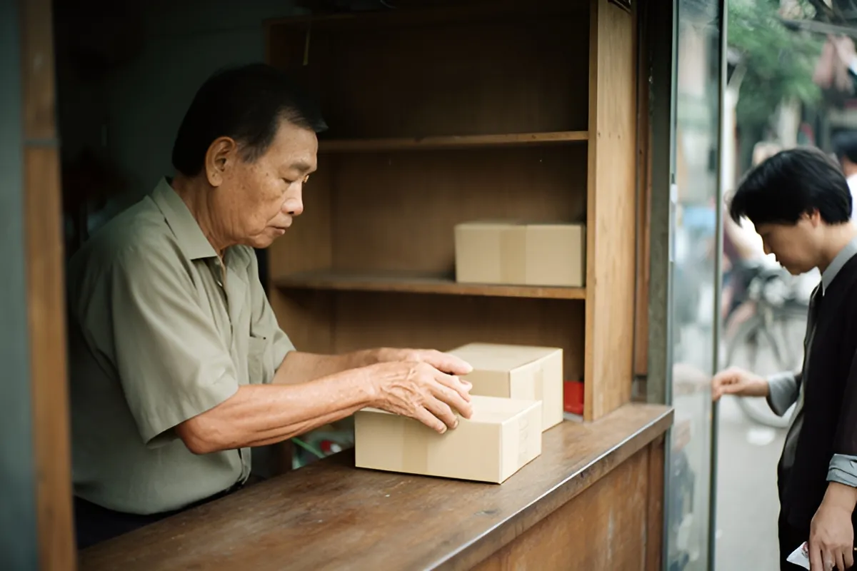 Một người đàn ông lớn tuổi đứng sau quầy gỗ xếp hai chiếc hộp giấy, bên phải một người khách cúi nhìn qua cửa kính