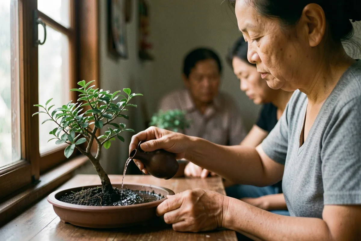 Một phụ nữ lớn tuổi rót nước từ ấm nhỏ vào chậu cây bonsai đặt trên bàn gỗ cạnh cửa sổ, hai người ngồi mờ phía sau