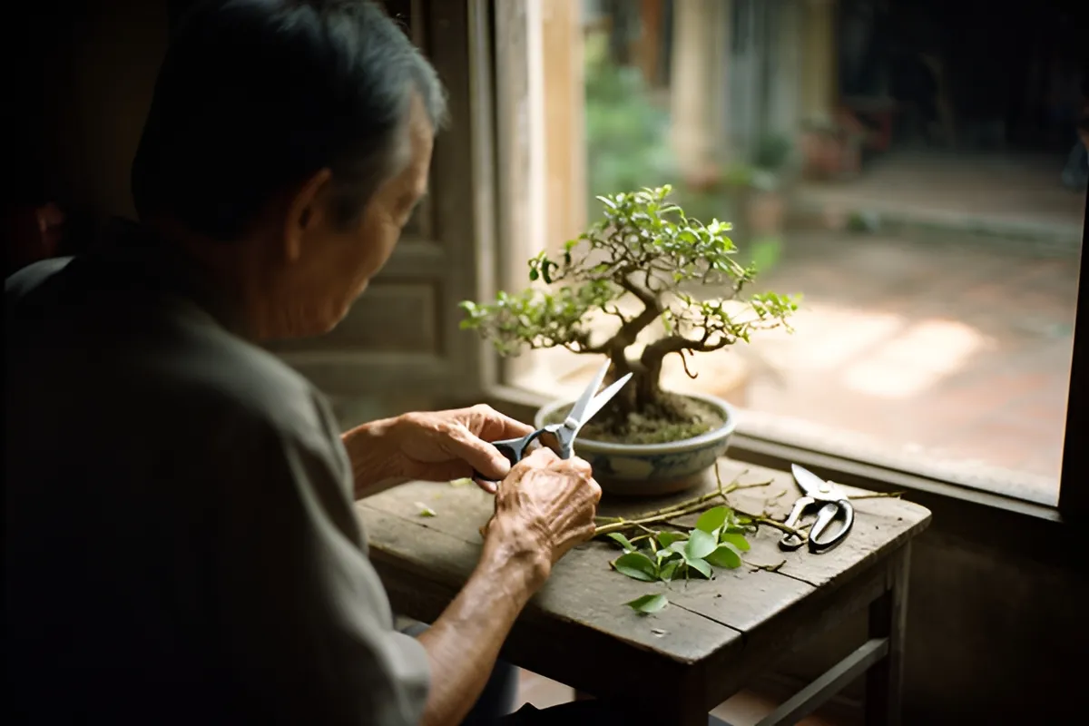 Một người đàn ông lớn tuổi ngồi cắt tỉa cây bonsai nhỏ trong chậu bằng kéo, trên bàn gỗ có lá và một chiếc kéo khác