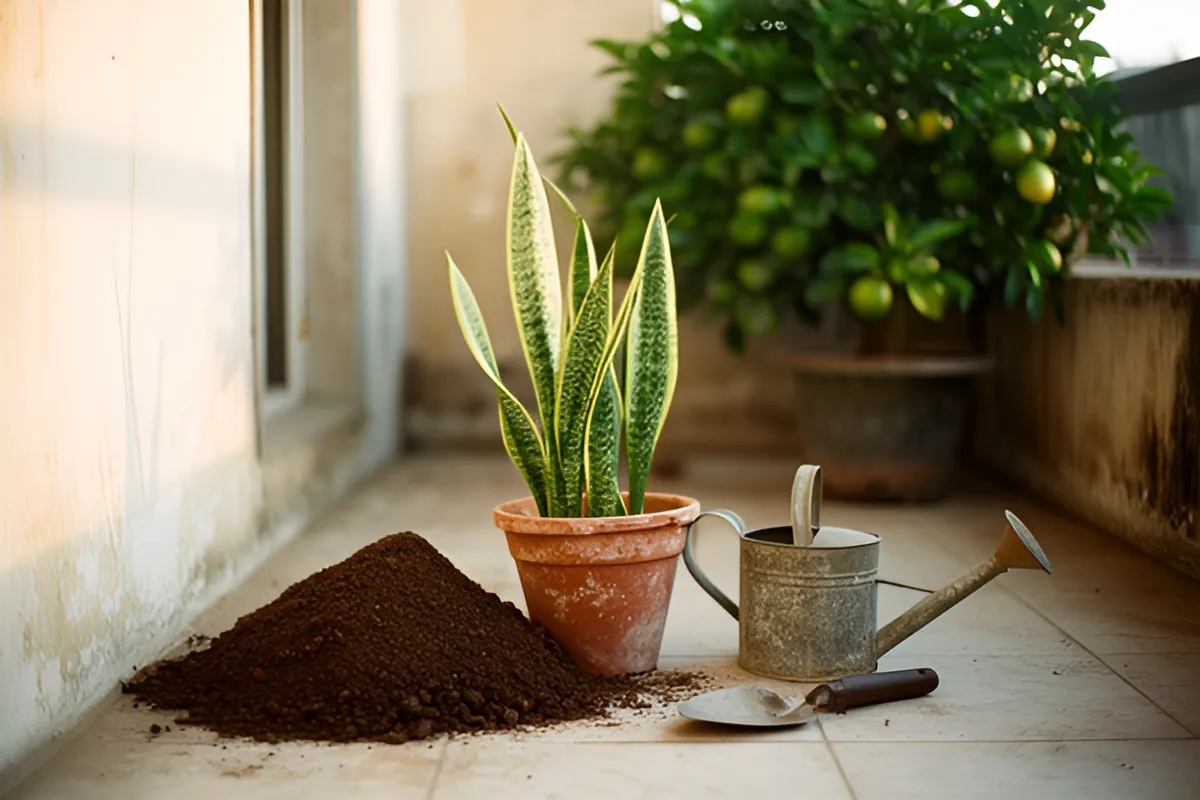 Trên sàn ban công có chậu đất nung trồng cây lá kiếm, một mô đất tối, một bình tưới kim loại và một xẻng nhỏ