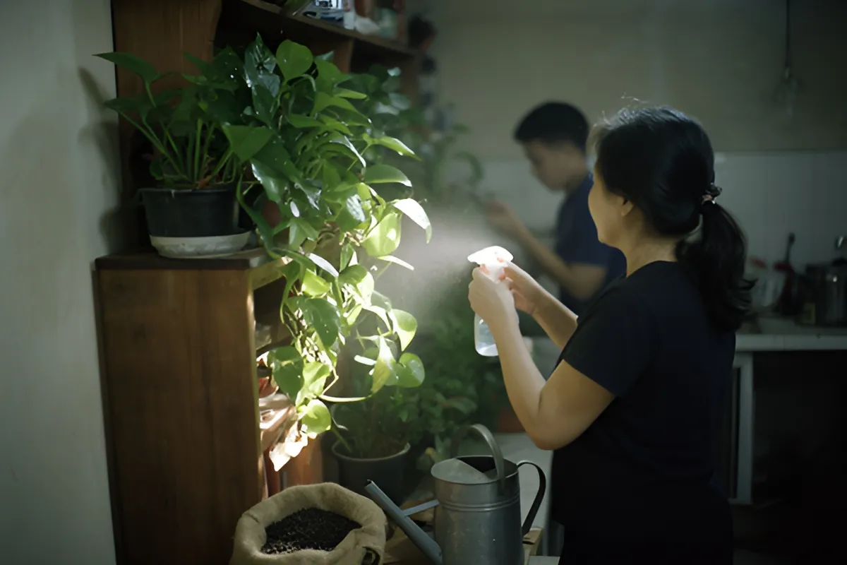 Một người phụ nữ đứng phun nước cho cây trên kệ gỗ, phía sau có một người đàn ông, dưới sàn có bình tưới và bao phân
