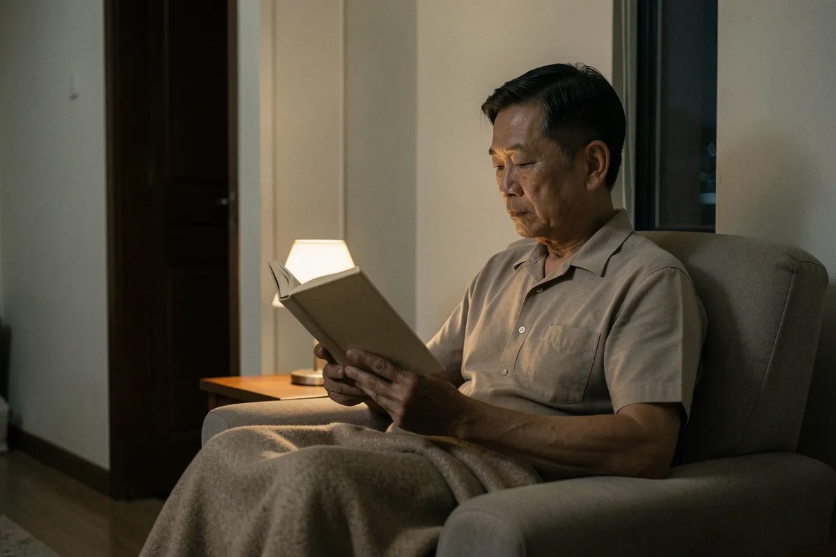 Một người đàn ông trung niên ngồi trên ghế bành, đọc cuốn sách bìa trơn dưới ánh đèn bàn ấm áp trong căn phòng tối