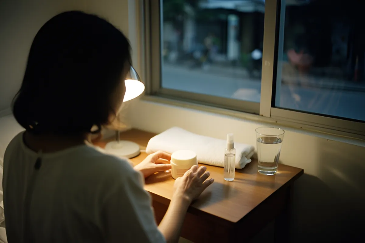 Một người phụ nữ ngồi quay lưng lại trước bàn gỗ nhỏ, tay chạm vào hộp kem, cạnh đó có khăn gấp, chai xịt và cốc nước