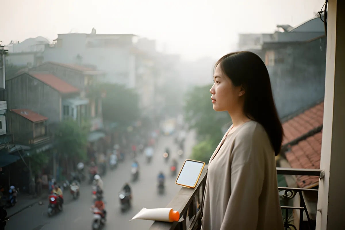Một phụ nữ tóc đen đứng nghiêng trên ban công nhìn xuống phố đông xe máy, trên lan can có tuýp kem và gương nhỏ