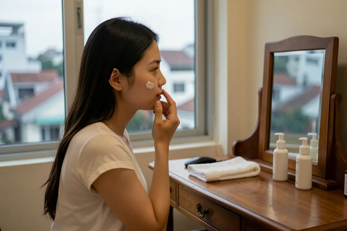 Một phụ nữ trẻ ngồi bên bàn gỗ có gương, khăn và chai lọ, đang chấm kem lên má trong ánh sáng cửa sổ buổi chiều