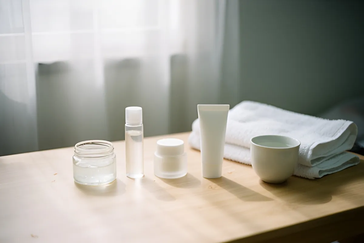Bốn chai lọ nhỏ không nhãn, một chiếc cốc nước và khăn trắng gấp gọn đặt trên mặt bàn gỗ sáng