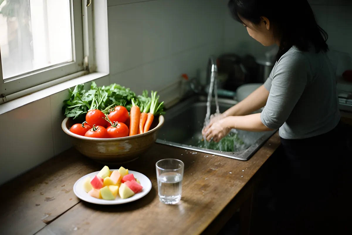 Một phụ nữ đứng rửa rau dưới vòi nước trong bếp, trên bàn gỗ có tô cà chua, cà rốt, rau xanh, đĩa trái cây cắt sẵn và ly nước