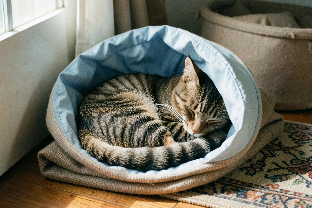 Một chú mèo tam thể đang cuộn tròn ngủ trong chiếc nệm tròn màu xanh, cạnh thùng mây và thảm trên sàn gỗ