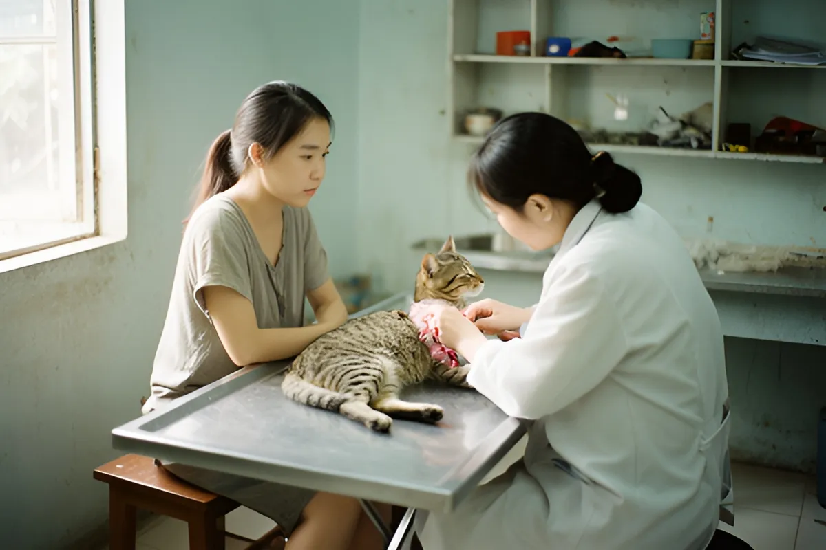 Hai phụ nữ trong một phòng khám nhỏ, một người mặc áo choàng trắng đang băng vùng bụng cho chú mèo vằn nằm trên bàn kim loại
