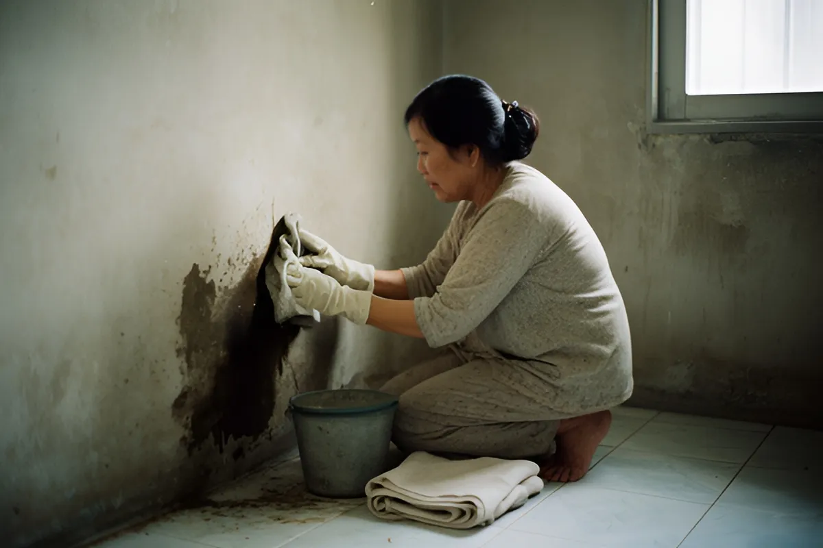 Một phụ nữ quỳ trên sàn gạch, đeo găng tay, dùng khăn lau vết ố tối trên tường, cạnh có xô và khăn gấp