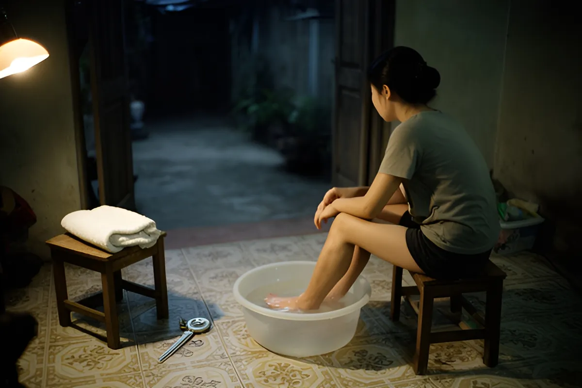 Một cô gái ngồi trên ghế thấp trong nhà, ngâm chân trong chậu nhựa tròn trên nền gạch, cạnh chiếc ghế có khăn và thước dây