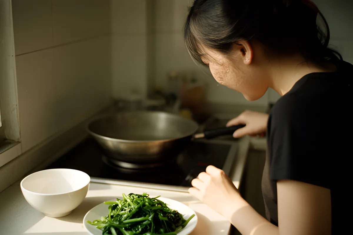 Một phụ nữ tóc đen đứng nấu ăn bên bếp từ, tay cầm cán chảo, trên quầy có bát trắng và đĩa rau xanh, ánh sáng chiều ấm