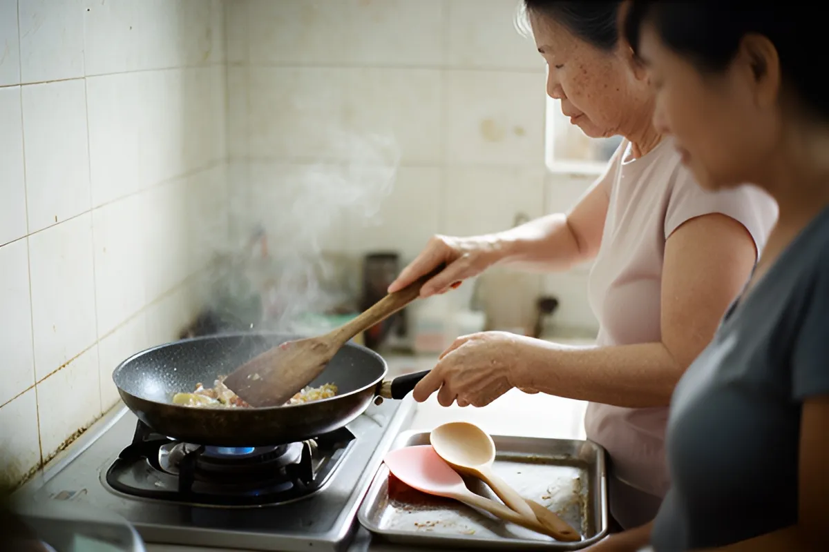 Hai phụ nữ trong bếp nhà, một người cầm xẻng gỗ khuấy chảo trên bếp gas đang bốc khói, khay đựng thìa và xẻng cạnh bếp
