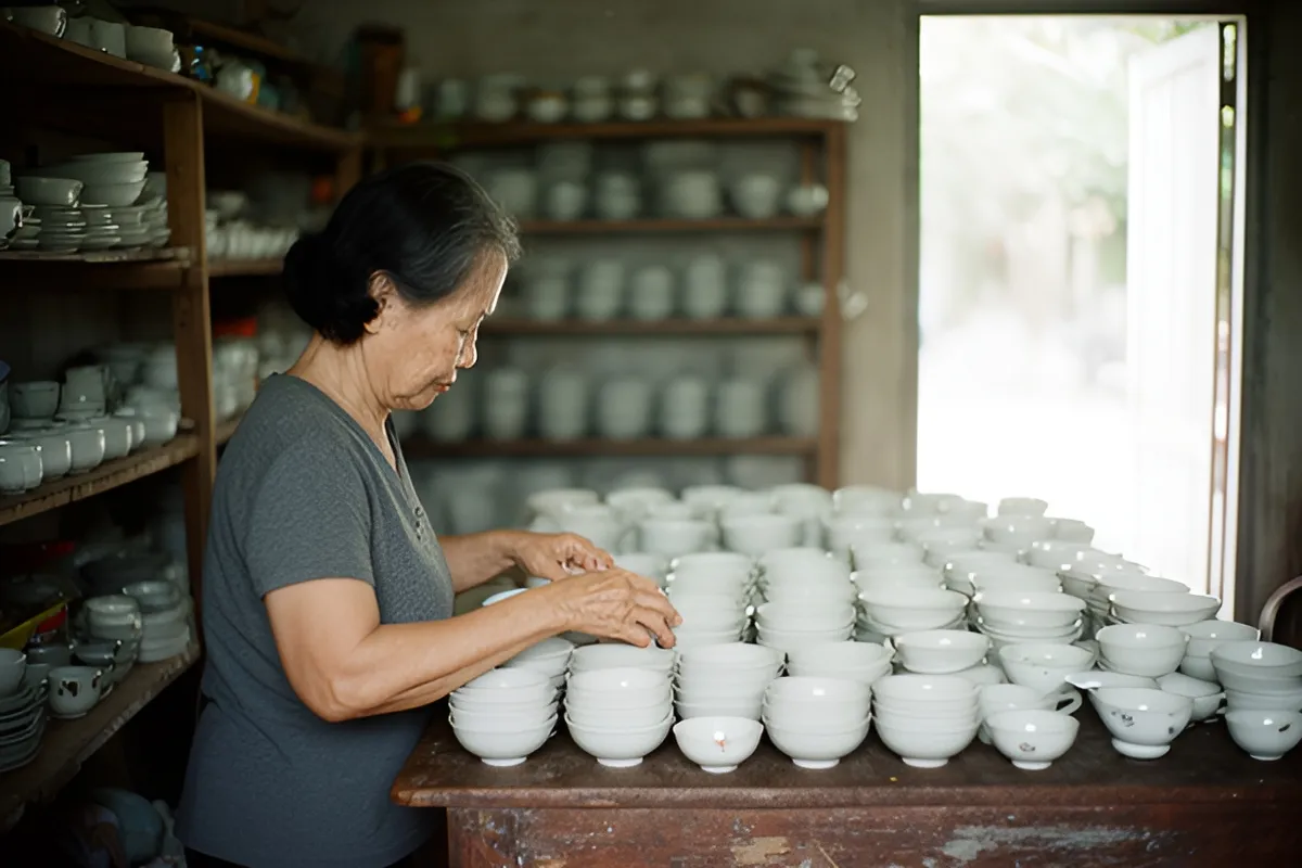 Một người phụ nữ lớn tuổi đứng bên bàn gỗ, xếp những chồng bát và chén trắng trong cửa hàng bát đĩa