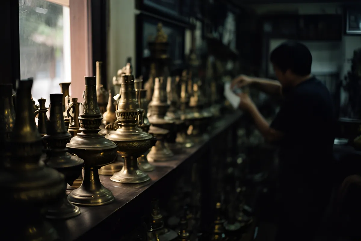 Một người mặc áo tối màu đứng quay lưng bên kệ gỗ bày đầy đèn dầu đồng, tay với ra lau dọn, ánh sáng cửa sổ hắt vào