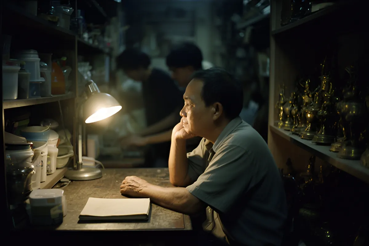 Một người đàn ông trung niên ngồi bên bàn gỗ dưới ánh đèn bàn, tay chống cằm như đang suy nghĩ, bên cạnh là cuốn sổ tay