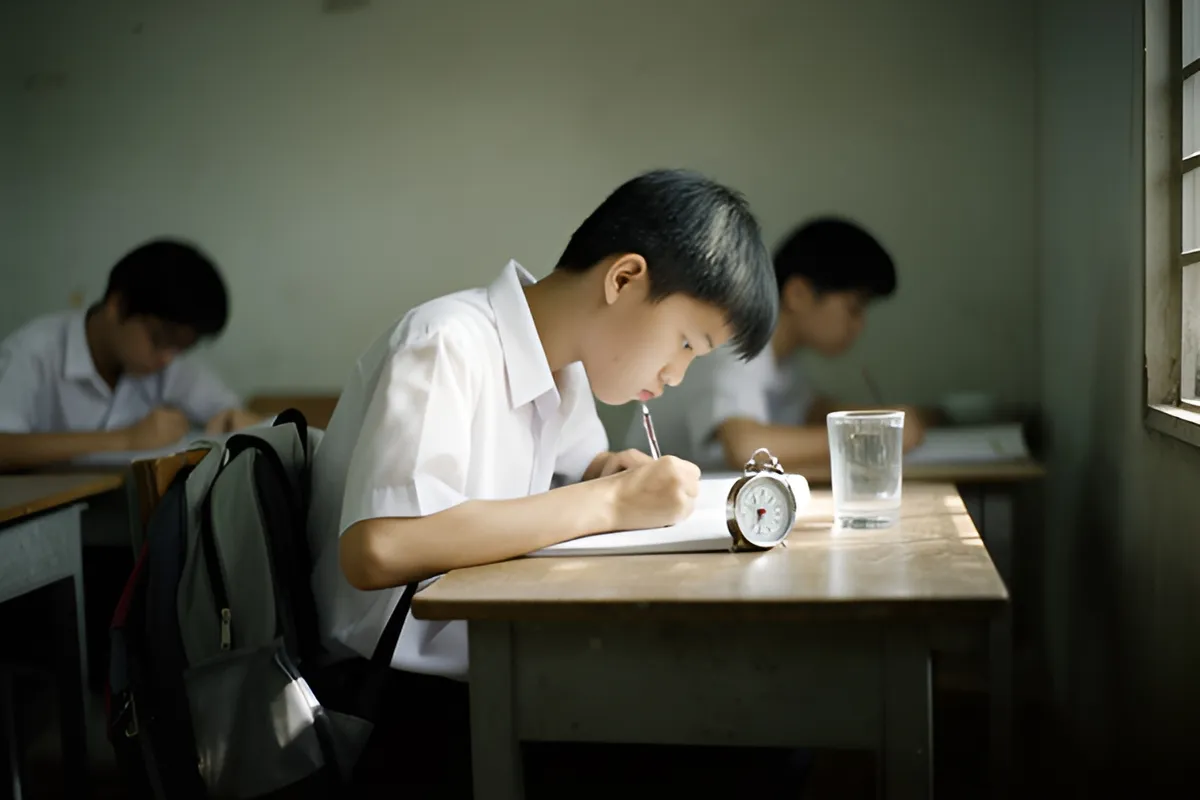 Một học sinh nam mặc áo trắng cúi đầu viết vào vở trên bàn, bên cạnh có đồng hồ tròn và ly nước, ánh sáng chiều từ cửa sổ
