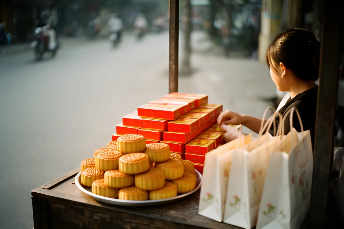 Một phụ nữ ngồi sau quầy gỗ trên vỉa hè, tay chạm vào chồng hộp đỏ