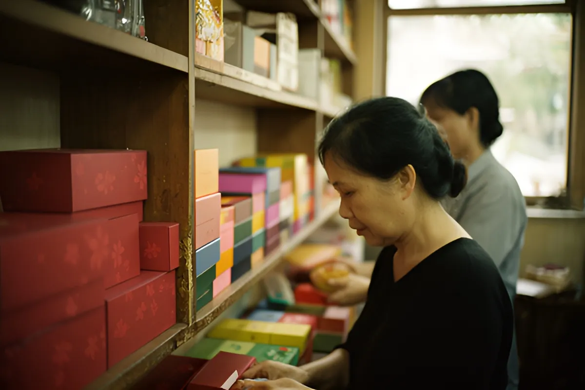 Hai phụ nữ trong cửa hàng, một người áo đen nhìn hộp đỏ trên bàn, người áo xám cầm vật tròn, kệ đầy hộp nhiều màu