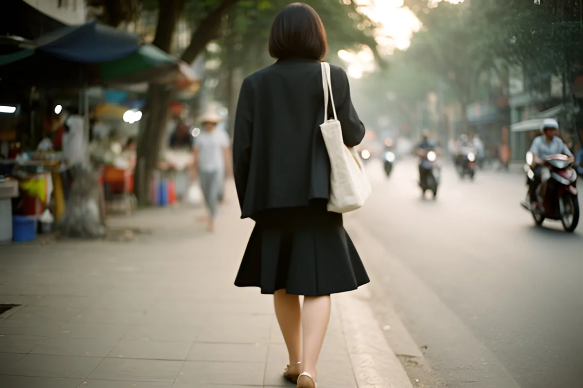 Một phụ nữ mặc váy đen đi bộ trên vỉa hè, vai đeo túi vải trắng, đường phố và xe máy mờ phía sau