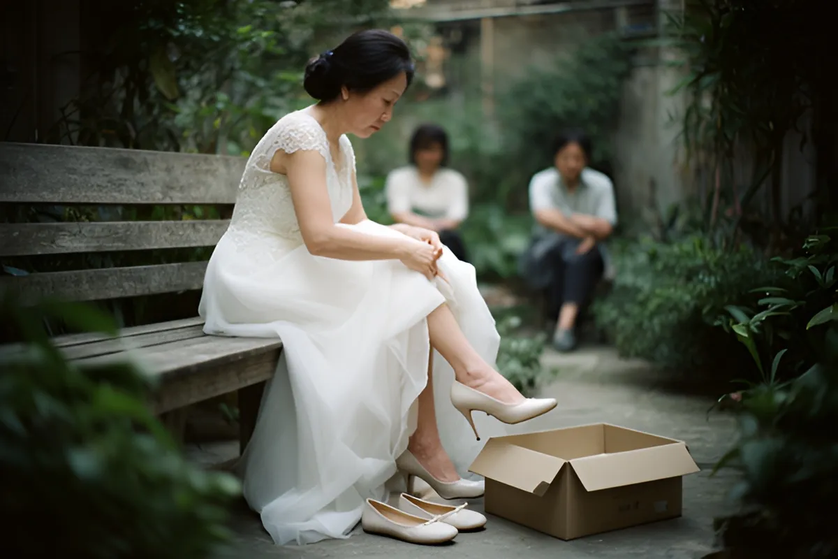Một phụ nữ váy trắng ngồi trên ghế gỗ trong sân vườn xanh, đang cúi xuống cởi giày cao gót