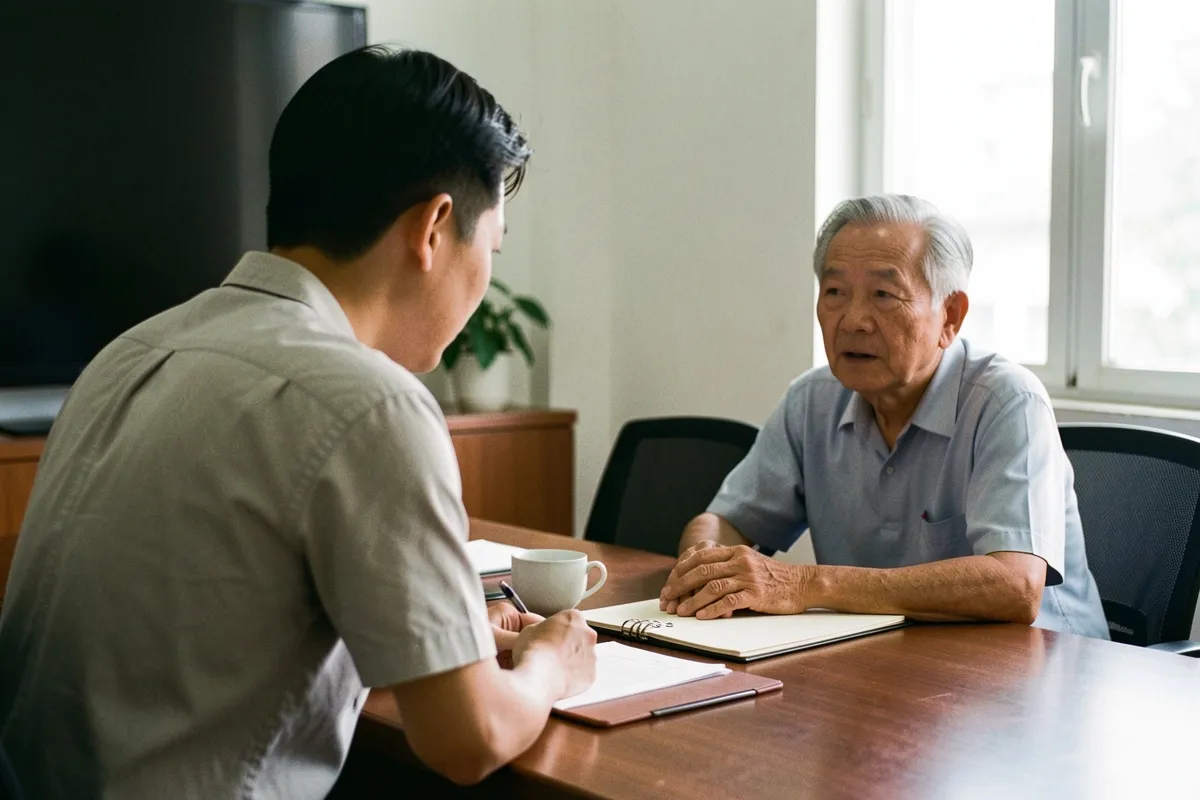 Người lớn tuổi tóc bạc ngồi nói, người trẻ quay lưng cầm bút ghi, bàn gỗ có cốc trắng và sổ, sáng từ cửa sổ
