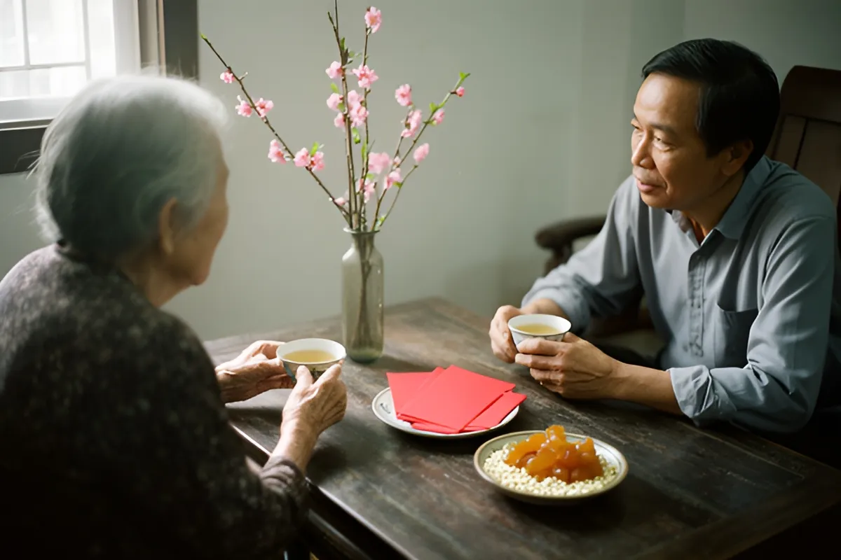 Hai người lớn tuổi ngồi đối diện bên bàn gỗ thấp, tay cầm chén trà, trên bàn có đĩa phong bao đỏ và mứt, cạnh bình hoa đào