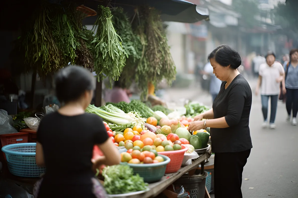 Hai phụ nữ ở sạp rau sáng sớm, một người đứng chọn trái cây, người kia quay lưng lại