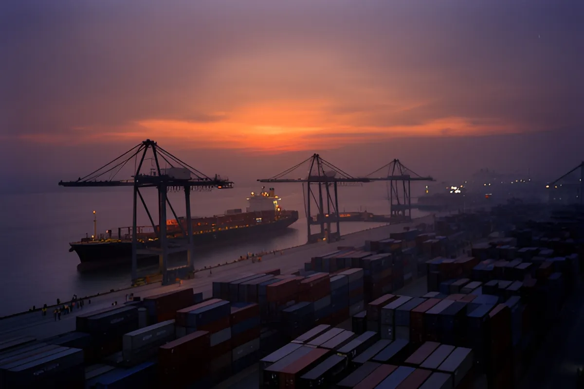 Cảnh rộng bến cảng lúc hoàng hôn với hàng container xếp chồng