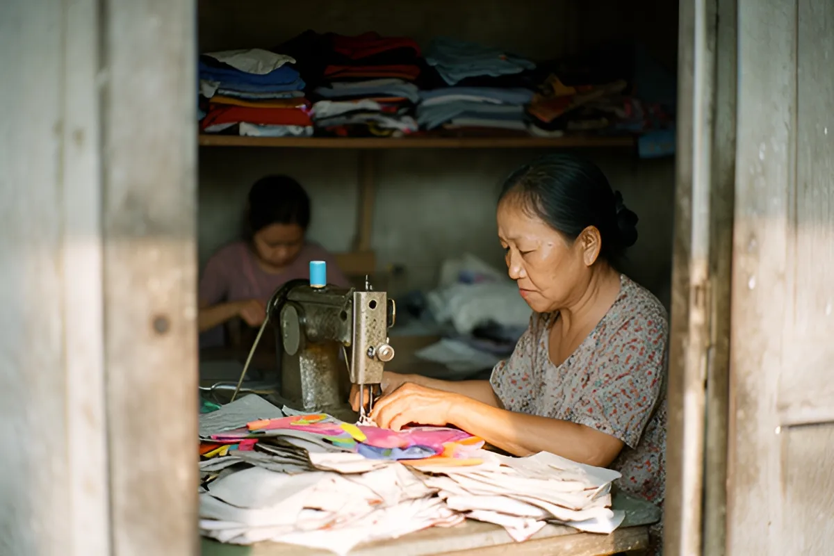 Một phụ nữ trung niên ngồi may bên máy khâu cũ trong xưởng nhỏ, đống vải chất trên bàn, một người khác ngồi mờ phía sau