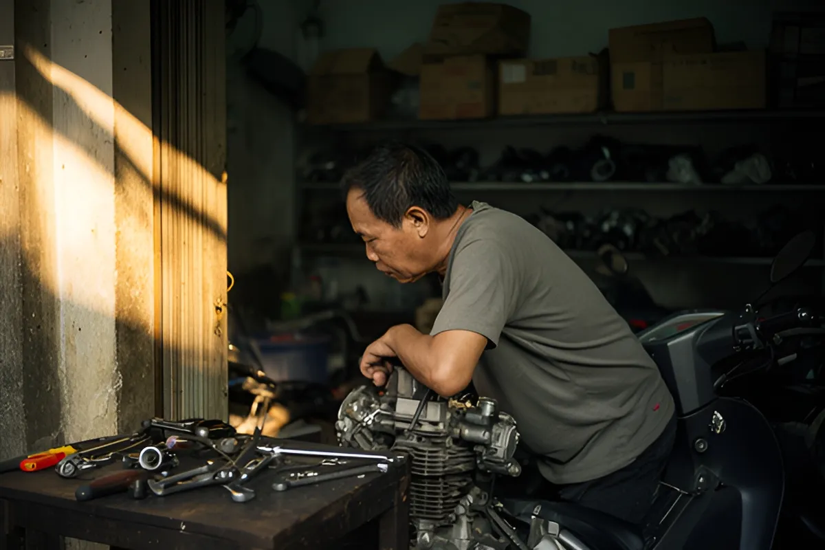Một người đàn ông trung niên cúi mình bên chiếc xe máy trong tiệm sửa xe, tay chống lên động cơ, bàn gỗ đầy dụng cụ