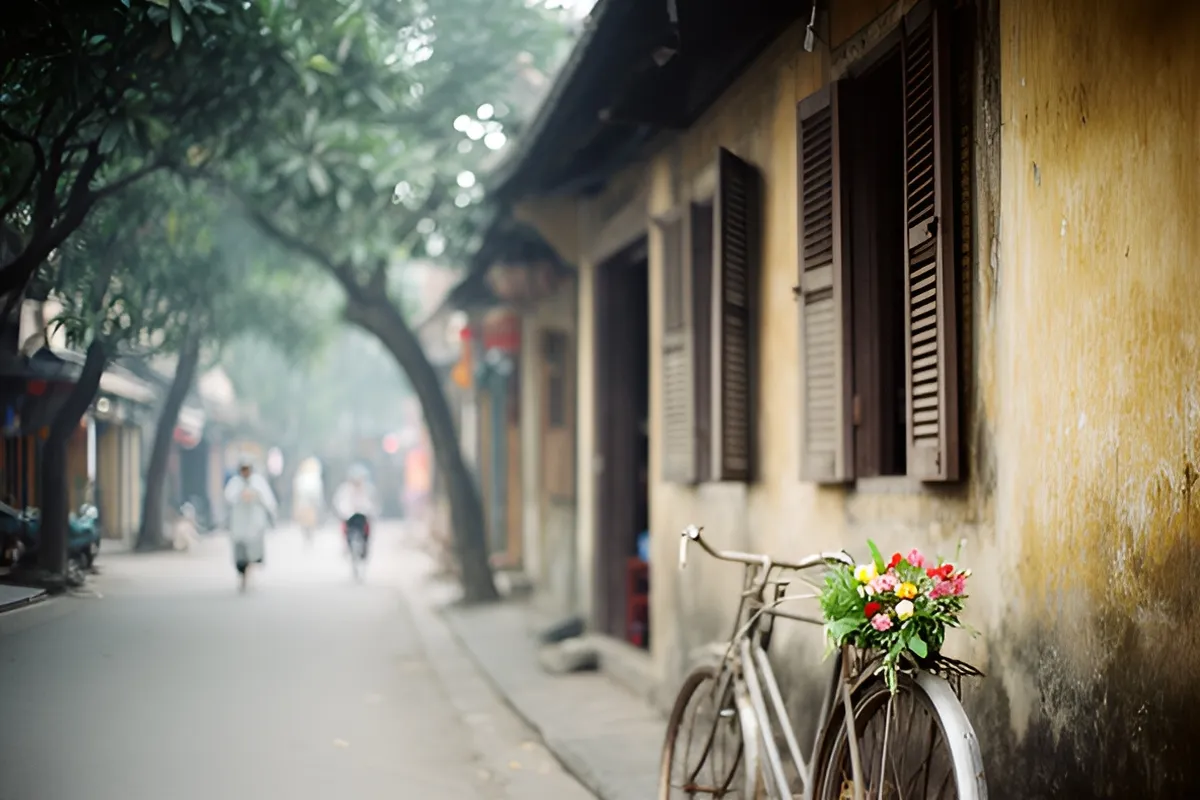 Phố cổ yên tĩnh buổi sáng với cây xanh, cửa gỗ nửa mở, xe đạp cũ tựa tường có bó hoa gắn phía sau