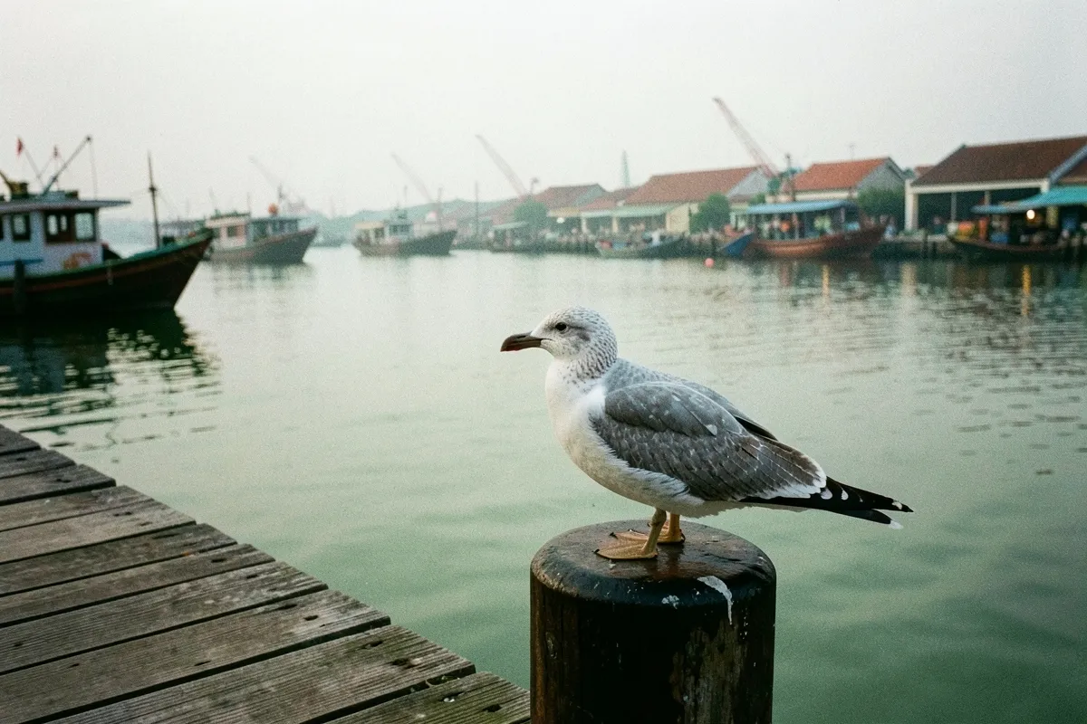 Một con chim hải âu đứng trên cọc gỗ giữa bến cảng yên tĩnh, xung quanh là thuyền đánh cá và mái nhà mờ trong sương sớm