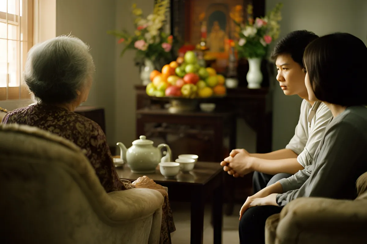 Ba người ngồi đối diện nhau trong phòng khách, trên bàn có ấm trà và chén, phía sau là bàn thờ với hoa quả
