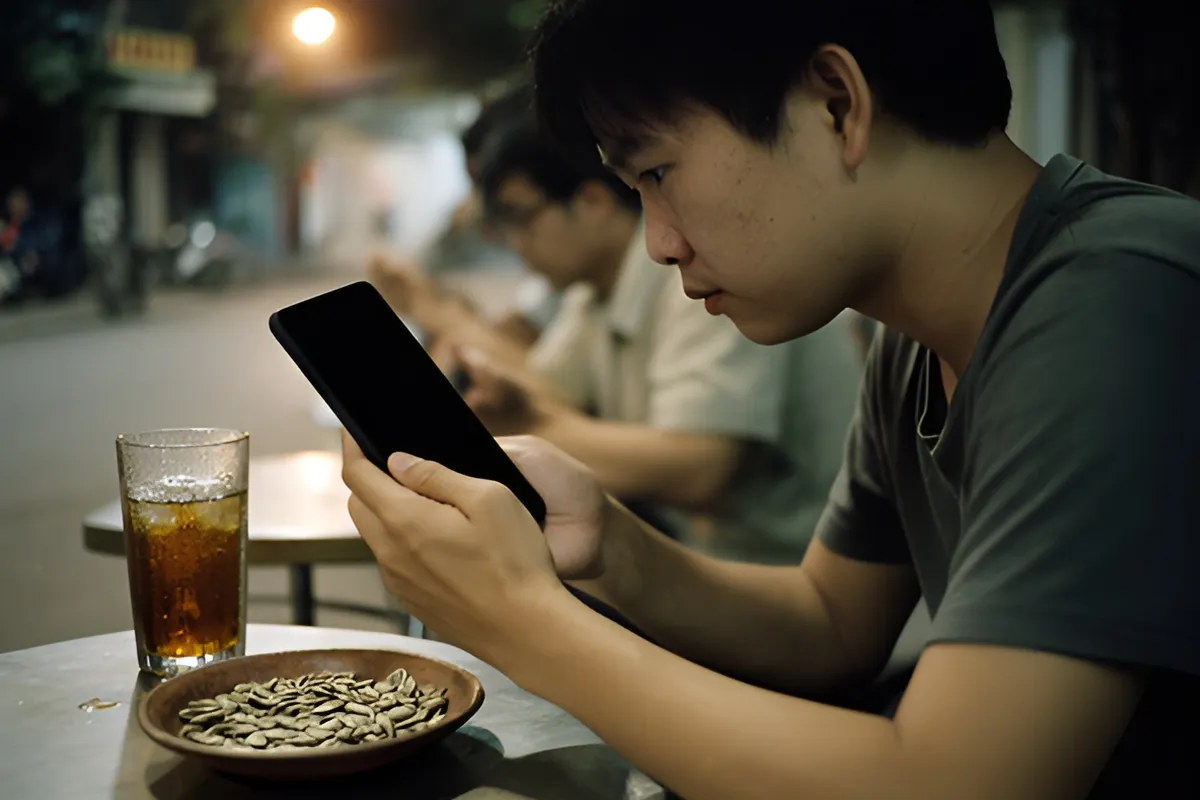 Một thanh niên ngồi cúi nhìn chiếc điện thoại đen hai tay cầm trước mặt, trên bàn có ly trà đá và đĩa hạt
